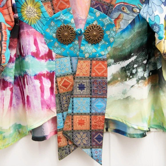 Kimono Silk Jacket OS Artistic Abstract Wearable Art Colorful Eclectic Geometric - Picture 3 of 7